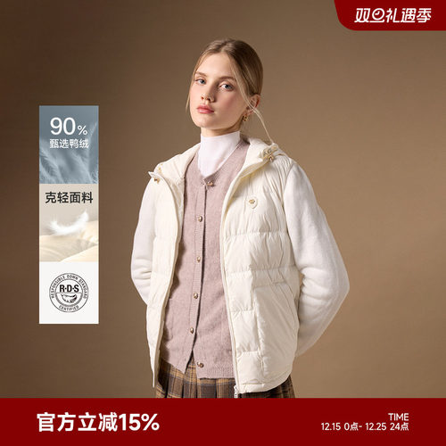 TeenieWeenie小熊女装羽绒服2025年秋季新款针织拼接休闲连帽外套