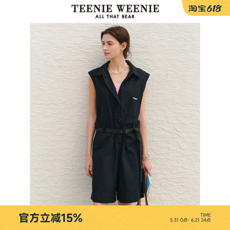TeenieWeenie小熊女装休闲裤工装风无袖翻领连体裤A字宽松短裤子