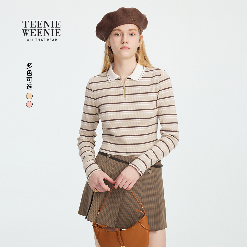 TeenieWeenie小熊女装T恤2025秋季新款时髦宽松条纹长袖短款上衣