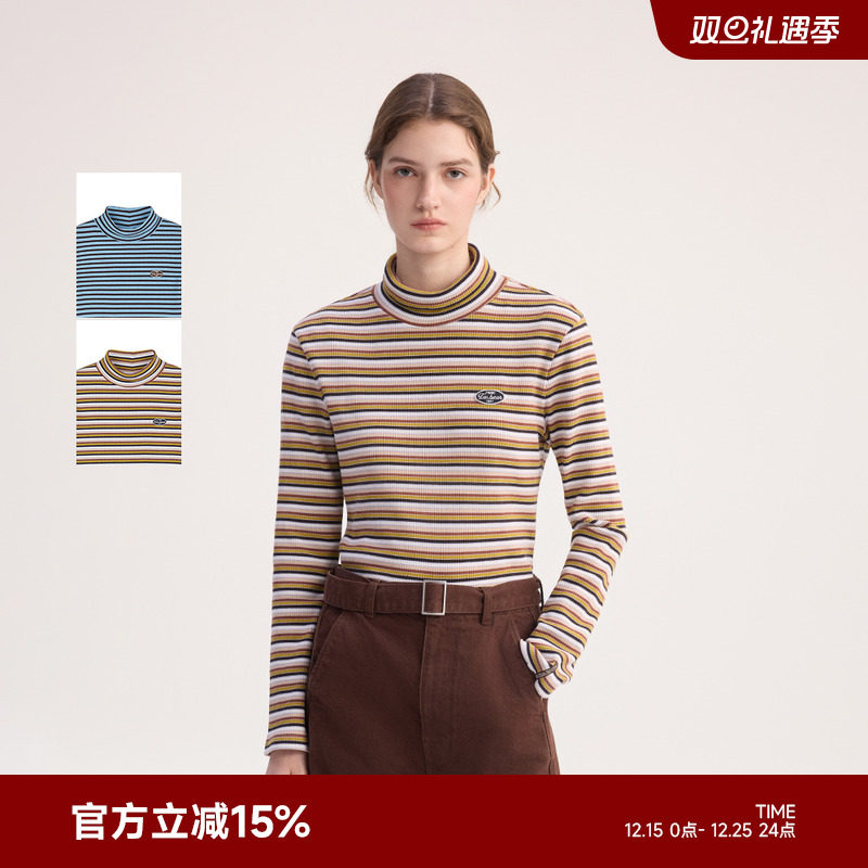 TeenieWeenie小熊女装T恤2025秋季新款柔软舒适半高领条纹打底衫