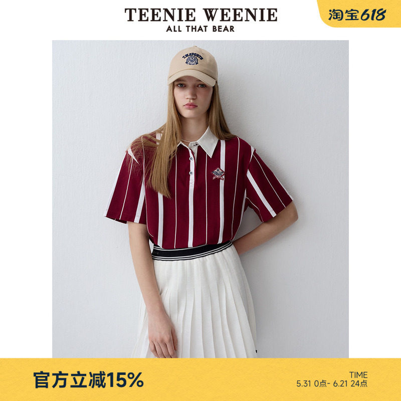 TeenieWeenie小熊女装复古运动风撞色竖条纹Polo衫短袖T恤