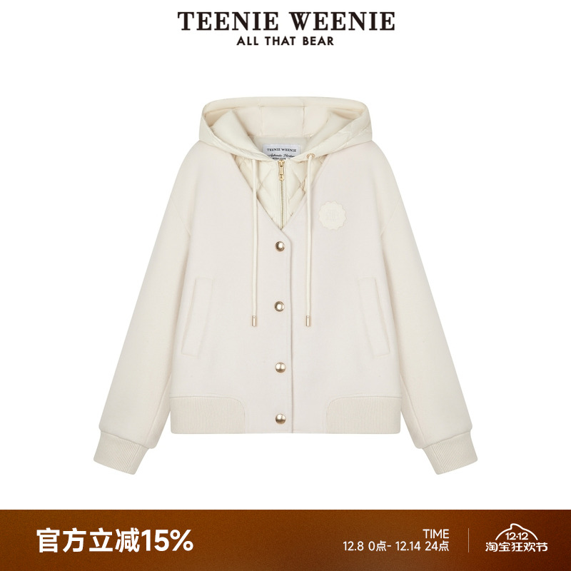 TeenieWeenie小熊女装25秋季学院白毛呢大衣轻薄连帽羽绒马甲外套