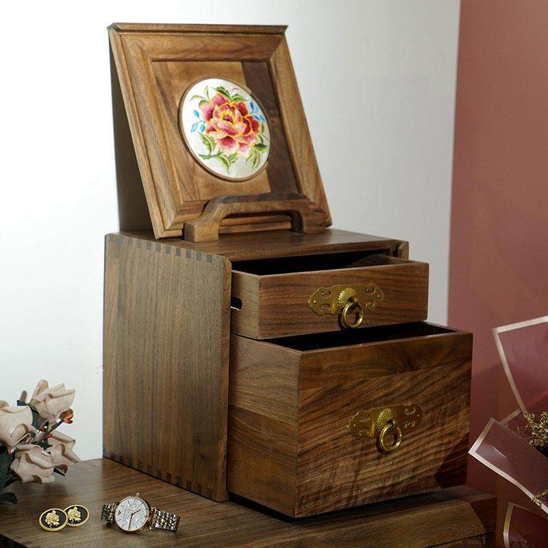 北美黑胡桃桌面收纳盒中式手提抽屉式结婚化妆盒全实木复古首饰盒,收纳整理,首饰盒,淘宝优惠券,粉丝福利购,淘宝优惠卷