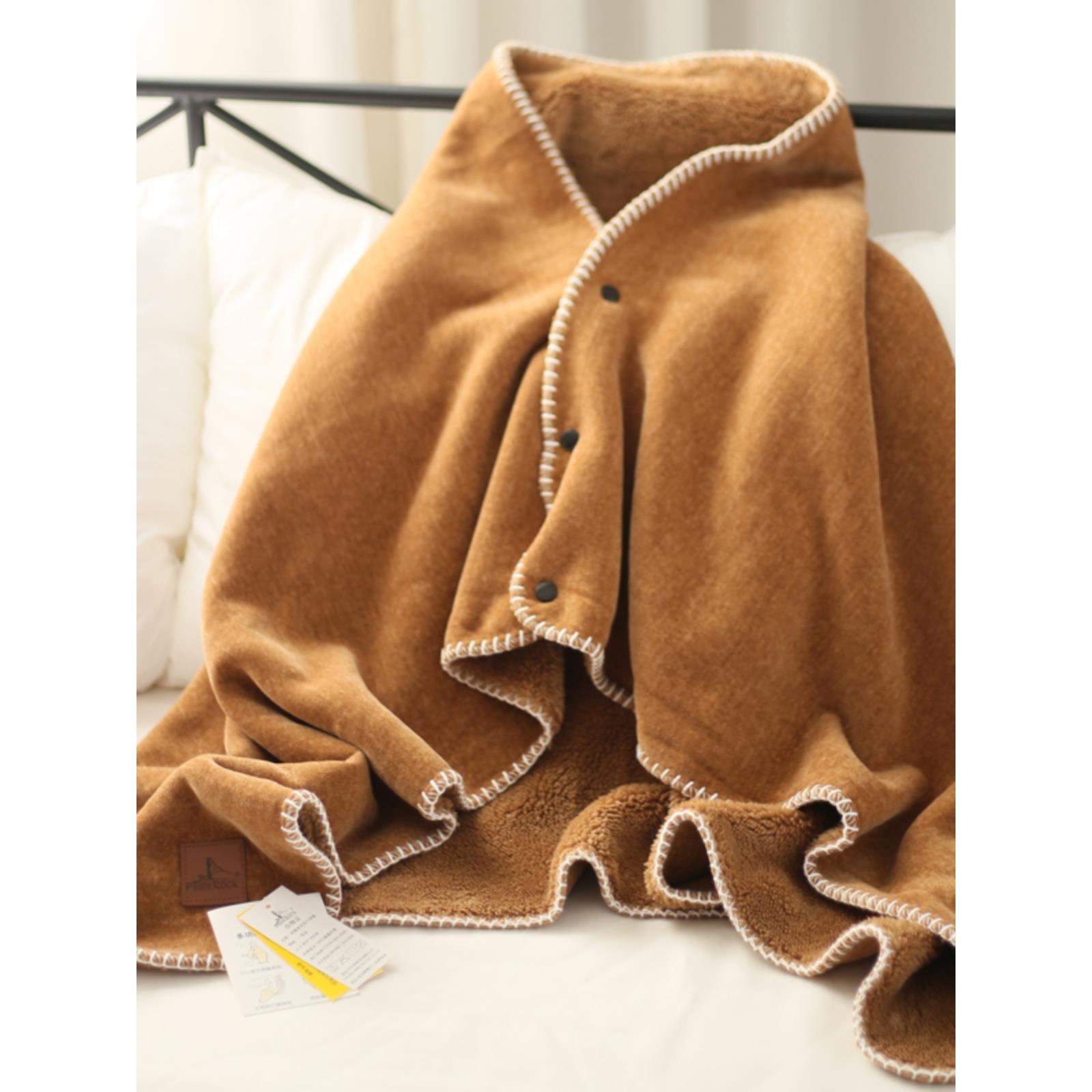 日式简约多功能披肩午睡毯双层布偶绒盖腿小毛毯办公室午休小毯子