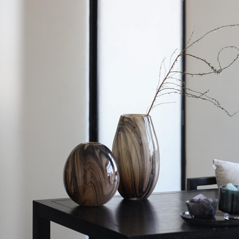 中式创意水墨纹玻璃花瓶摆件高级感样板间现代简约软装饰品花器