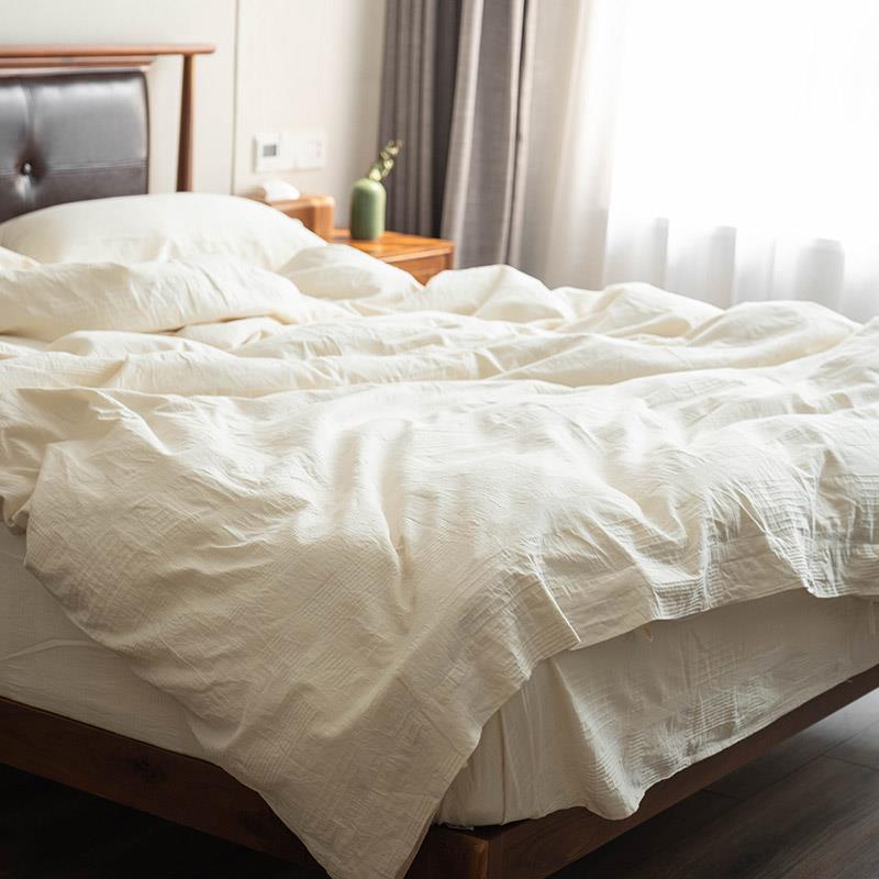 简约全棉床单四件套日式北欧风提花白色绑带被套床上用品1.2m床笠