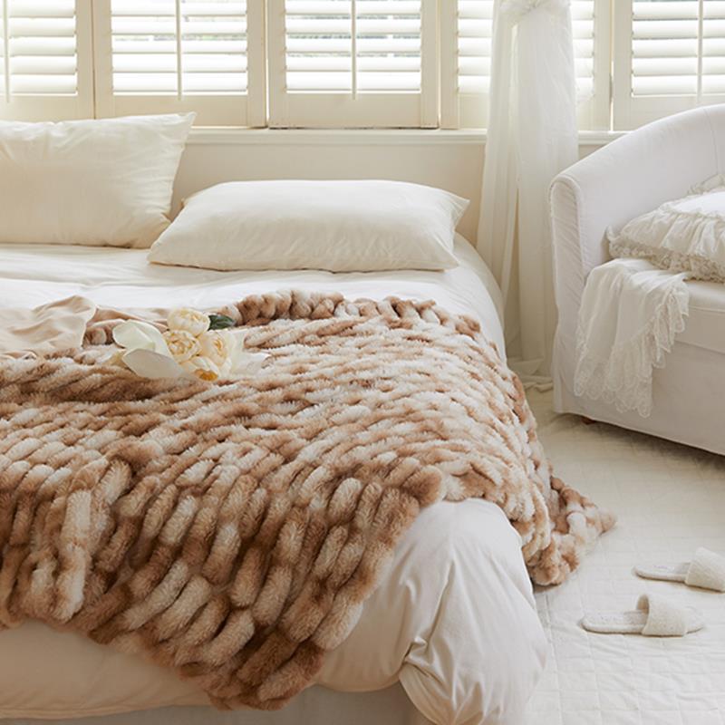 轻奢风泡泡兔毛毯沙发毯冬季加厚保暖 居家休闲毯子轻奢床尾盖毯