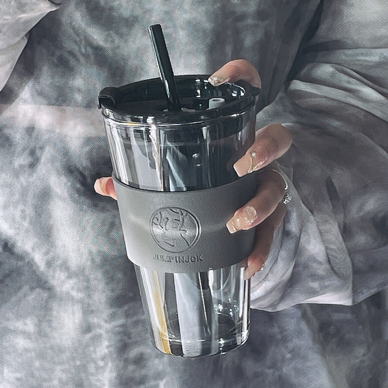 速发水杯咖季高级感玻璃杯吸男生轻奢带子管盖夏啡杯情侣家用高颜