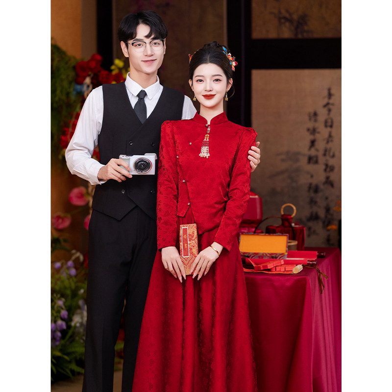 速发新婚式红色套装敬酒服结婚当天新娘便装旗袍简约秀禾服订中礼