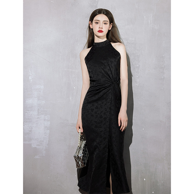 速发黑色挂脖礼服主持人宴会气质连高裙衣端轻奢小众日常可穿高级
