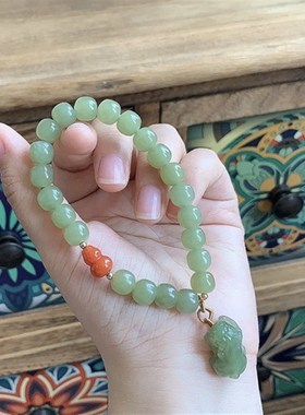 现货速发和田玉晴水老型珠单圈手链搭配南红小葫芦和田玉貔貅配饰