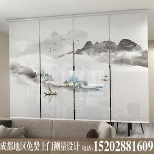 山水画水墨云雾窗帘电动玄关帘软隔断客厅手拉挂式 新中式 屏风卷帘