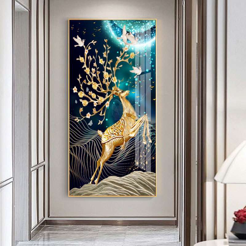 入户玄关装饰画过道走廊竖版现代简约麋鹿客厅美式晶瓷镶钻墙壁画图片