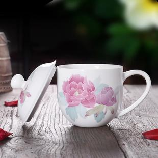 女生家用花茶办公室手绘茶杯千红窑带盖水杯杯子醴陵陶瓷泡茶杯子