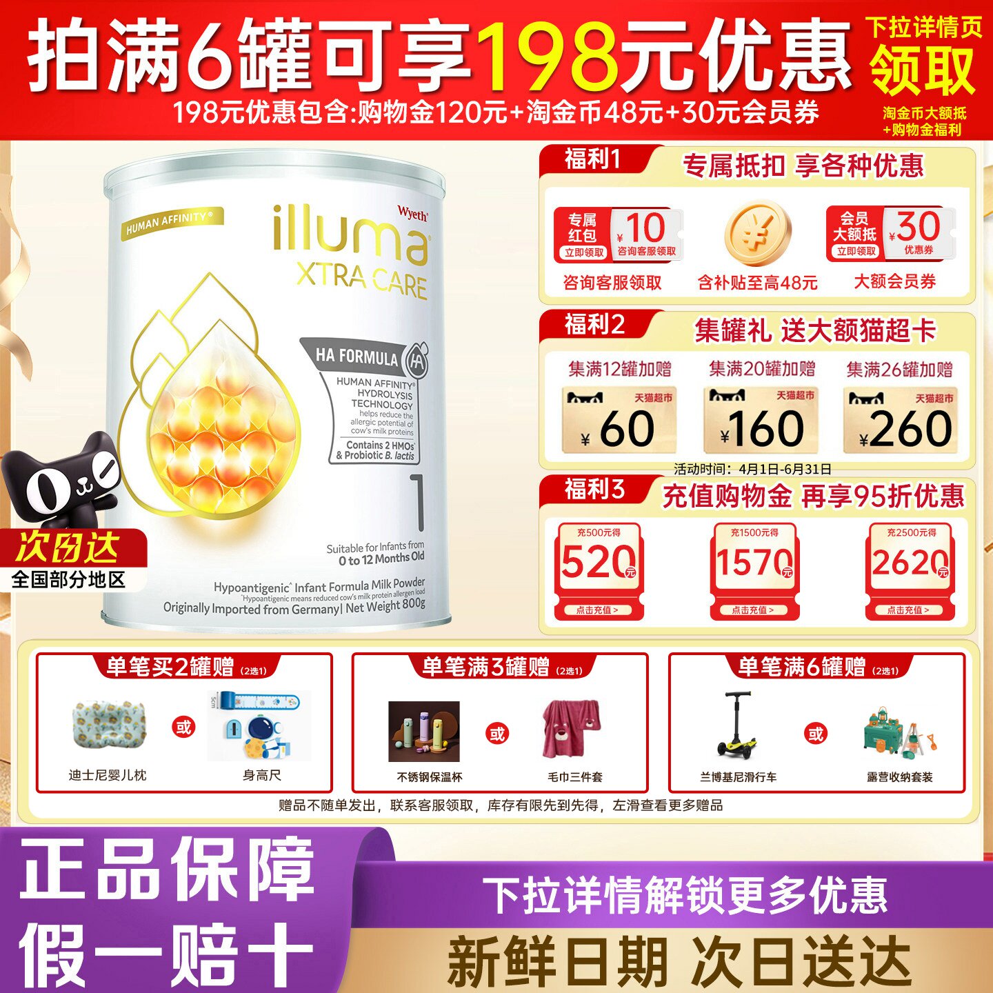 惠氏启赋港版HA敏适1段适度水解奶粉低敏防敏新生婴儿奶粉800g