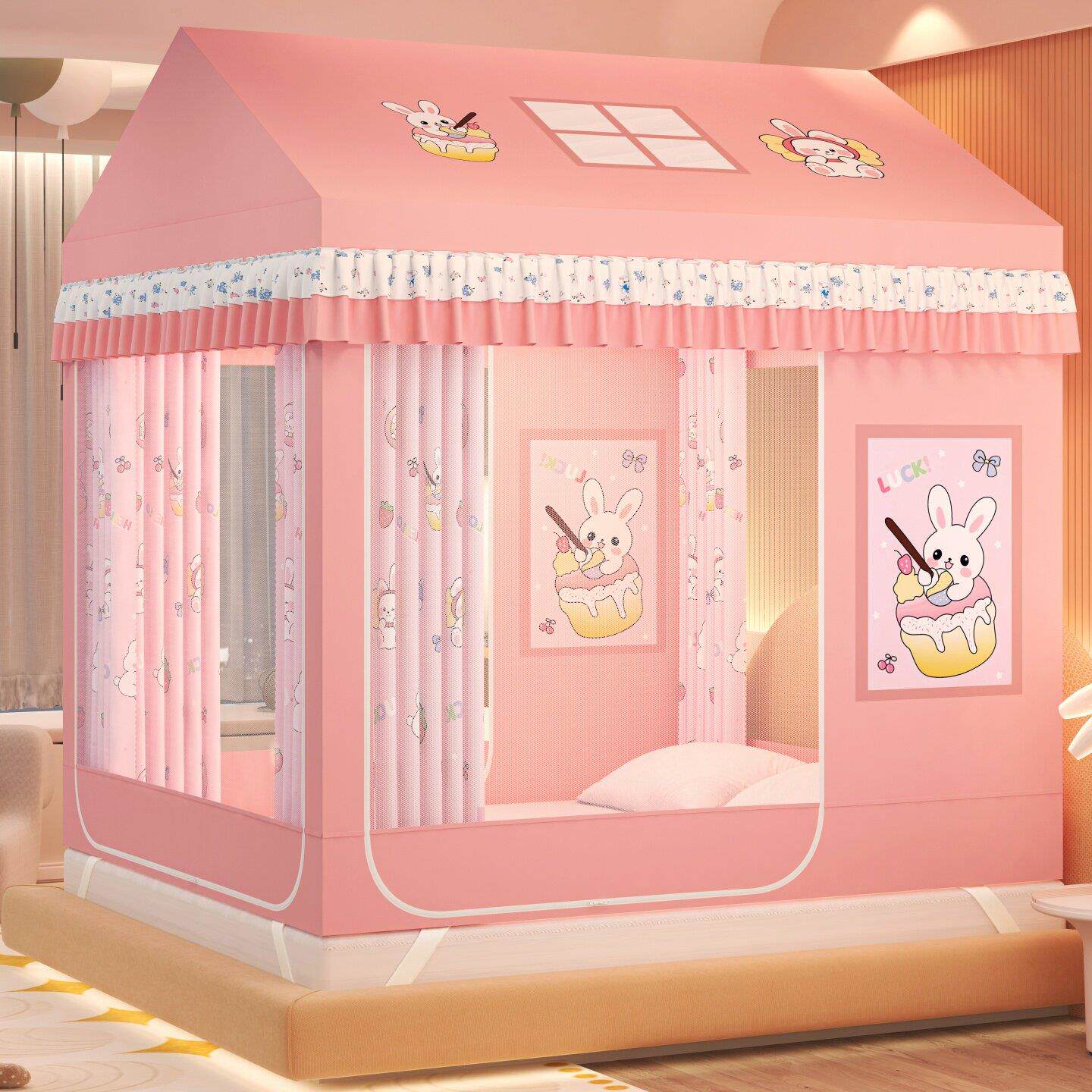 2025新款A类防尘遮光床帘三开门城堡坐床式蚊帐儿童防摔家用1.8米