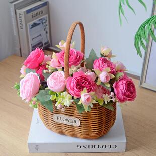 藤编花篮手提花篮插花花篮鸡蛋篮假花彷真花户外拍照摄影花篮道具