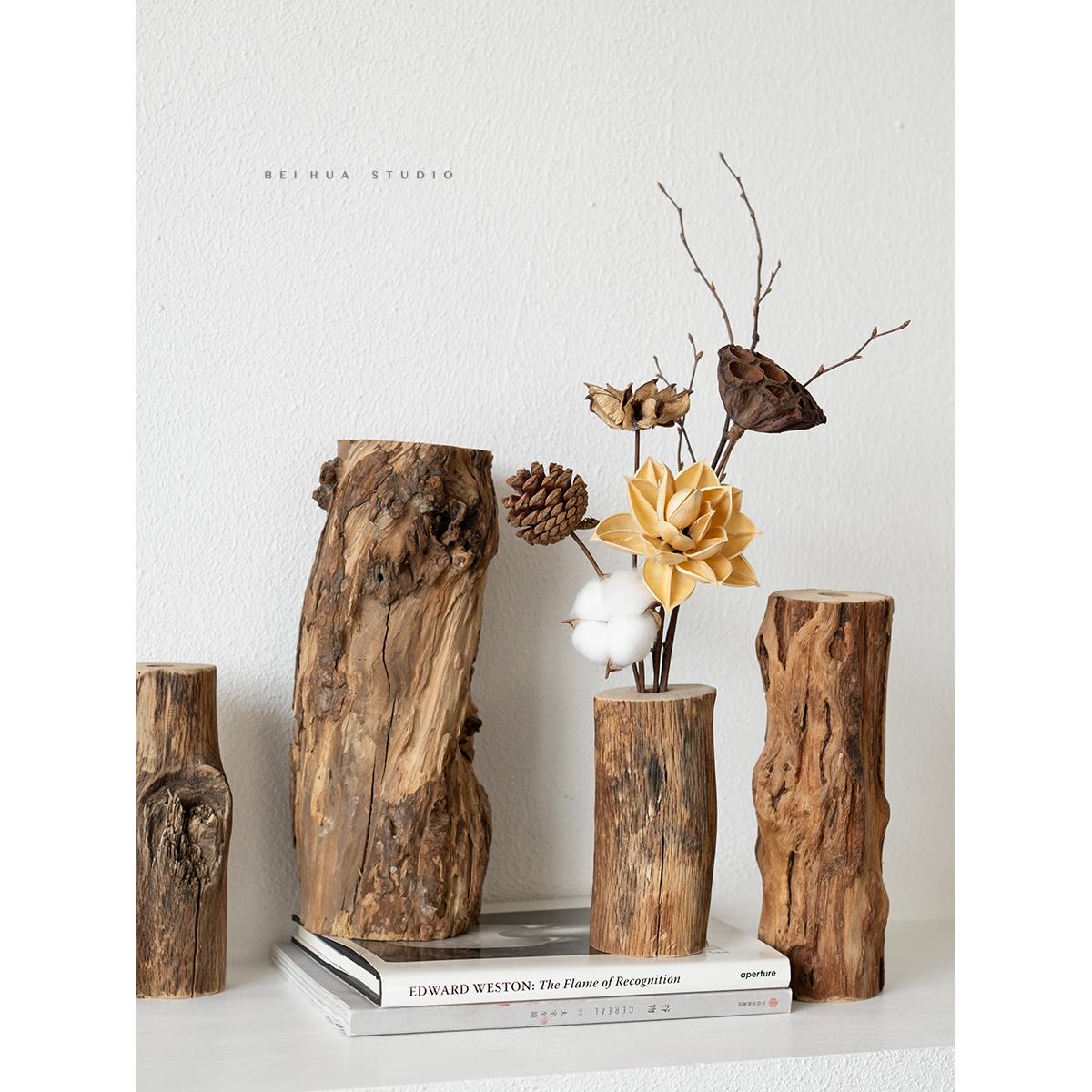 实木做旧诧寂风老木花瓶中式复古禅意茶桌插花装饰品摆件茶室造景