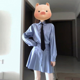 速发蓝色假袖子纹长两件连衣裙条2024新款早韩系氛围感穿搭