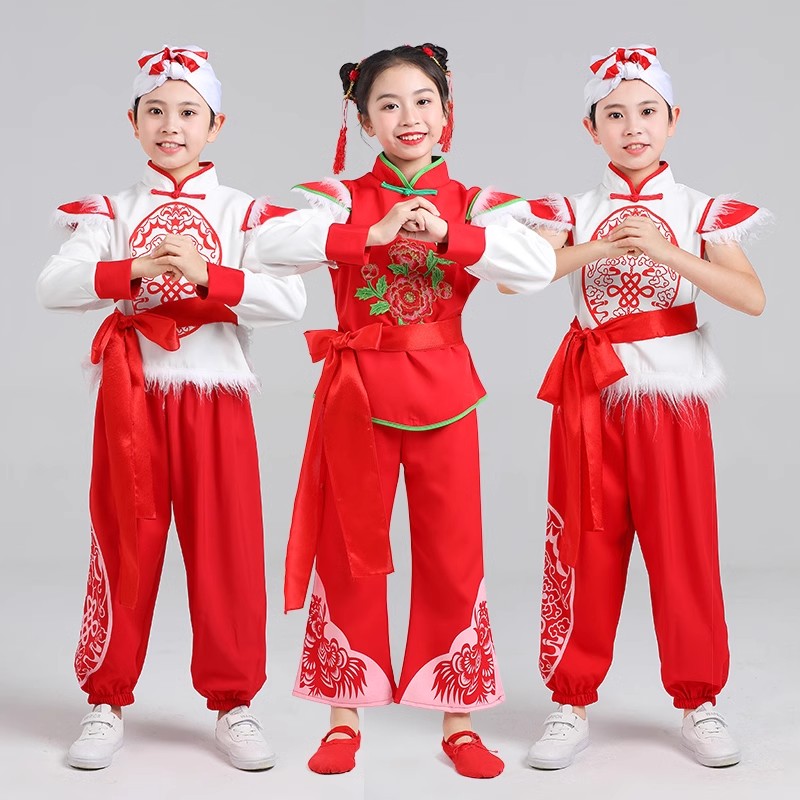 速发儿童安塞腰鼓舞蹈服装表演服陕北中小学生陕秧西歌舞龙打鼓演