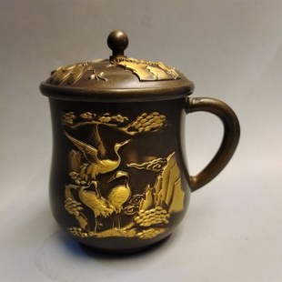 速发点金老包浆松鹤茶杯茶缸复茶摆件星星古缸纯铜茶水杯用家客厅