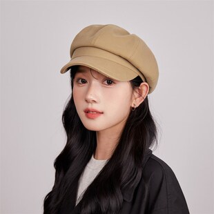 韩系纯色毛呢八角帽女秋冬短帽沿贝I雷帽文艺复古咖啡色报童