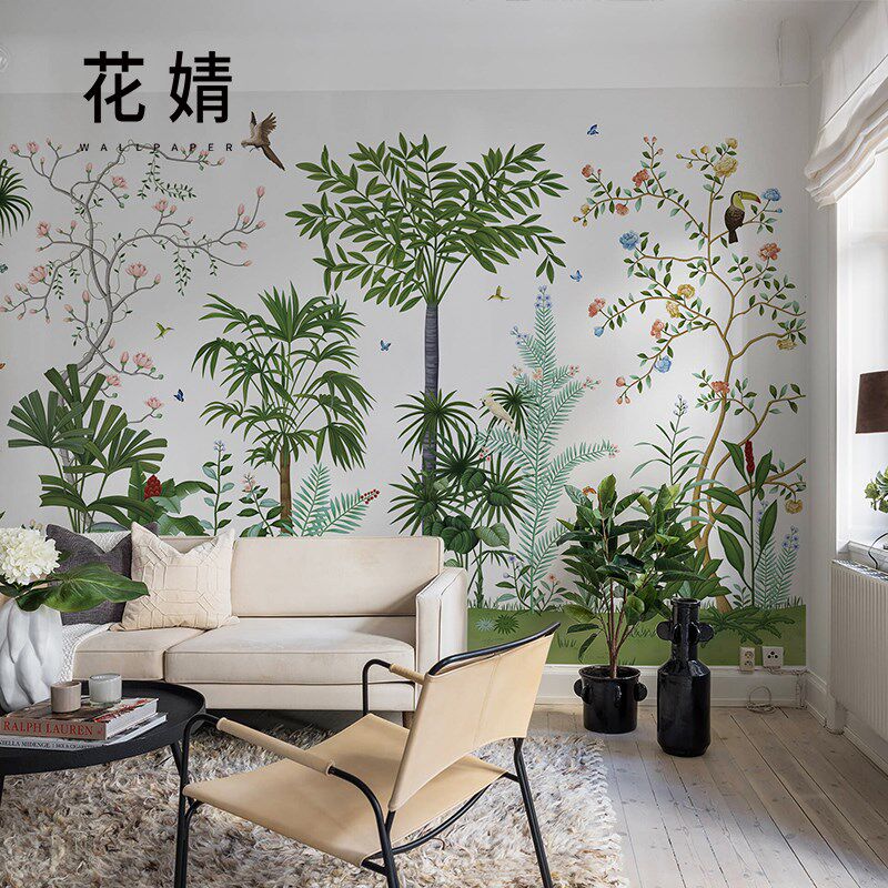 热销美式轻奢墙h布手绘花鸟餐厅卧室背景墙壁纸植物客厅影视墙定
