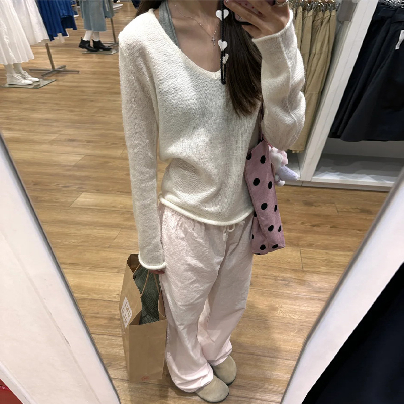 速发韩2开春薄搭ch打底上衣罩衫20系5新款别致针织穿款v领长袖t恤