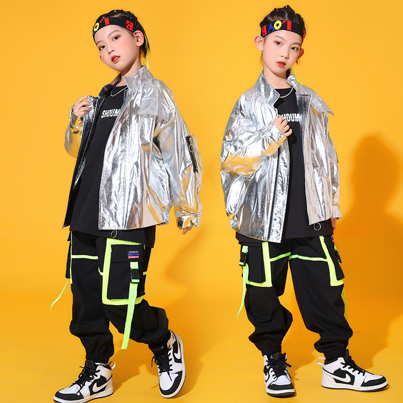 速发儿童银色服皮外套嘻哈演台装男童爵士舞表舞亮童街舞服套演出