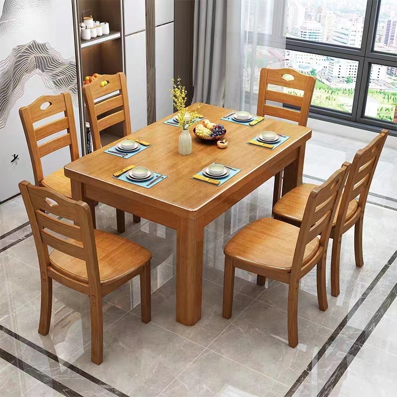 速发实木餐桌吃方形木质简约餐饭桌子西长桌家用小户型餐桌椅组合
