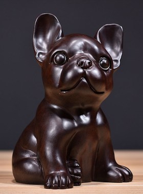 速发黑檀木雕刻装摆件三合十公生肖斗牛客厅办二桌面狗饰工艺礼品