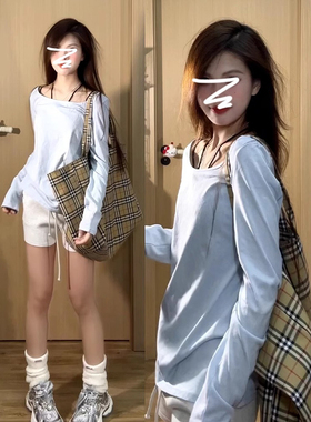 速发内024新款韩系款薄罩衫蓝色正肩长袖t恤宽松2搭上衣打底衫