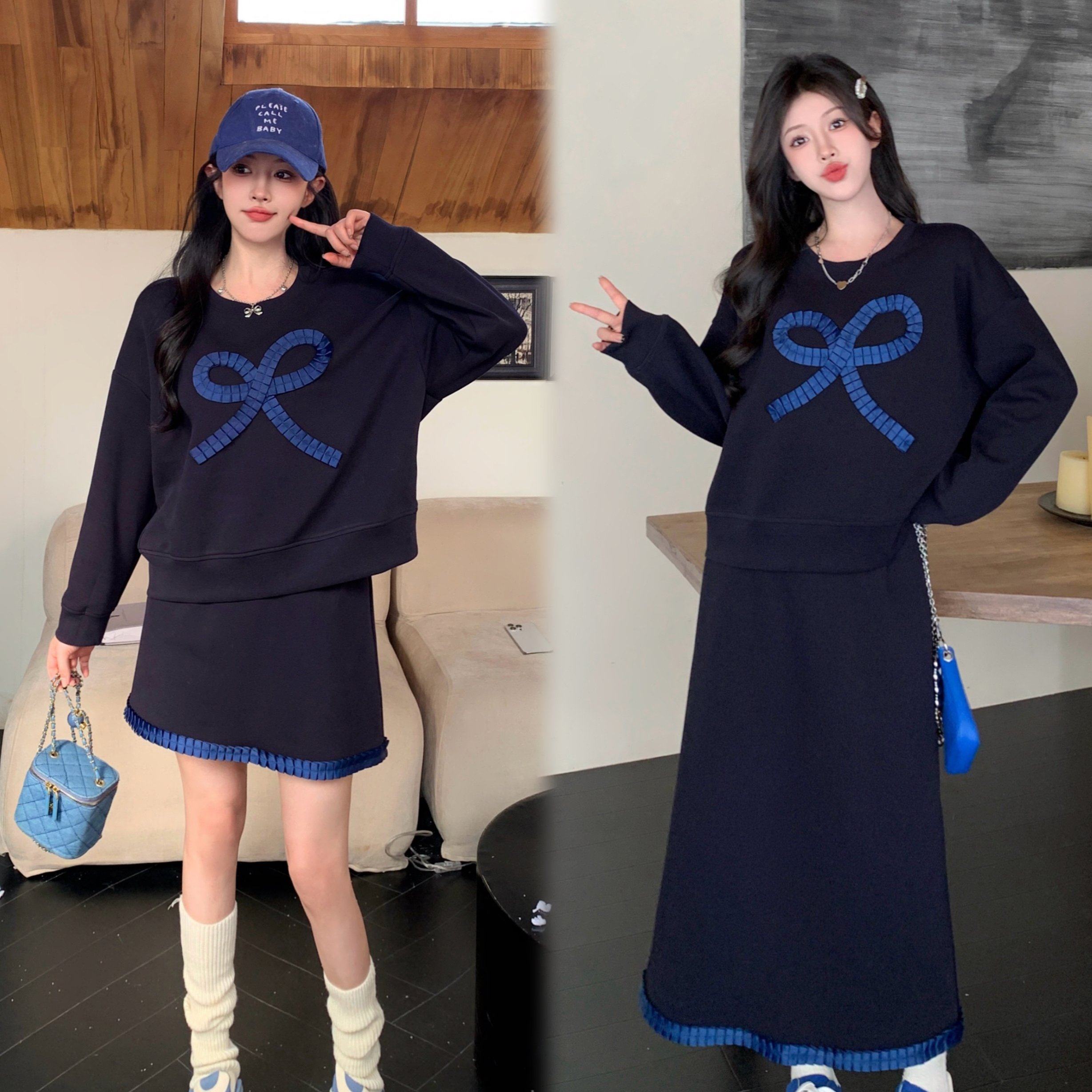 实拍大码女装2025秋季新款高级感蝴蝶结卫衣半身裙洋气显瘦两件套,女装/女士精品,大码套装,淘宝优惠券,粉丝福利购,淘宝优惠卷