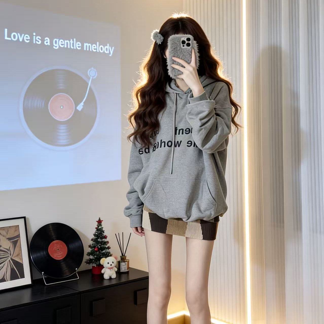 春季美式复古套头连帽长袖卫衣女设计感小众字母印花灰色两件套装,女装/女士精品,时尚套装,淘宝优惠券,粉丝福利购,淘宝优惠卷