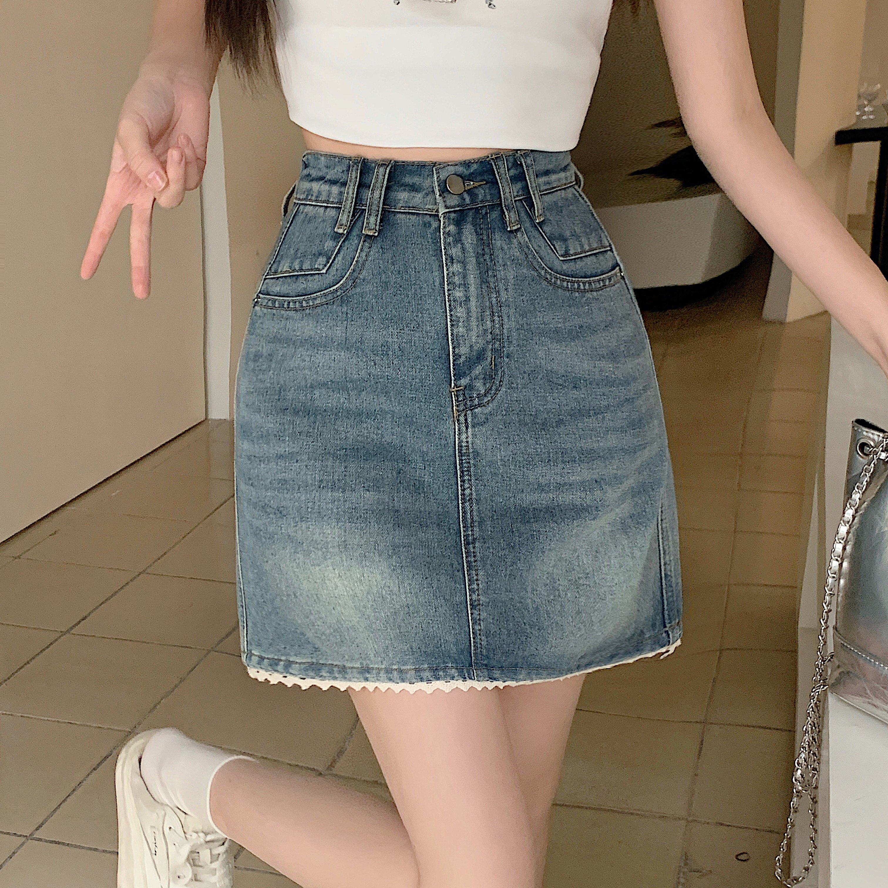 实拍2025夏季新款胖mm大码拼接花边牛仔半身裙小个子高腰a字短裙,女装/女士精品,大码半身裙,淘宝优惠券,粉丝福利购,淘宝优惠卷