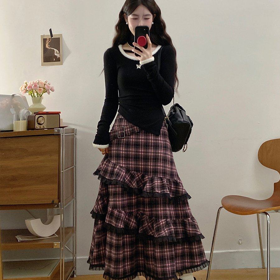 实拍大码女装撩心蝴蝶收腰打底衫内搭加绒针织上衣格纹花边半裙,女装/女士精品,大码套装,淘宝优惠券,粉丝福利购,淘宝优惠卷