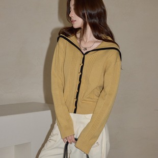 吵吵家黄色海军领拼接针织衫女2025秋冬高级气质宽松休闲长袖毛衣