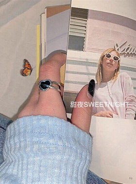 极速复古做旧爱心日系黑色交叉A镂空开口可调节设计感小众食指戒