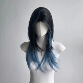 蓝色挑染水母鲻鱼头长直发仿真 假发女夏日个性 极速 黑蓝狼尾h