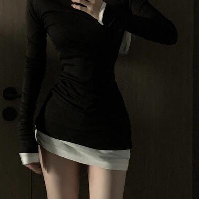 021ope叠穿法则 真两件撞色收腰连衣裙T恤女慵懒风小众设计感显瘦