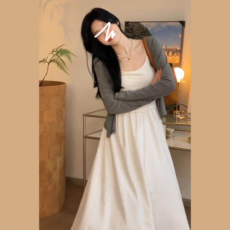 温柔风白色吊带连衣裙子套装女2025新款早春季韩系穿搭一整套长裙