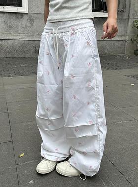 EAHO美式复古蝴蝶结刺绣伞兵裤女春夏阔腿潮抽绳褶皱工装休闲长裤
