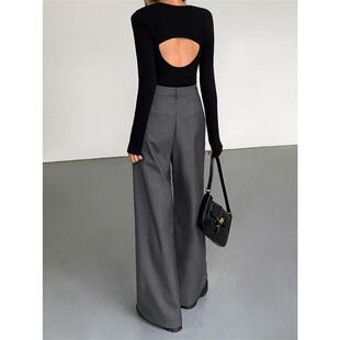 高腰宽松百搭拖地休闲黑直筒长裤 ousph 女春秋新款 阔腿裤 灰色西装