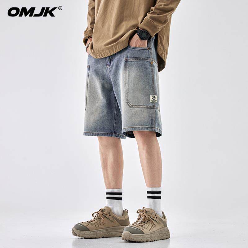 OMJK夏季美式潮牌牛仔短裤男款口袋裤子宽松直筒五分裤男休闲中裤