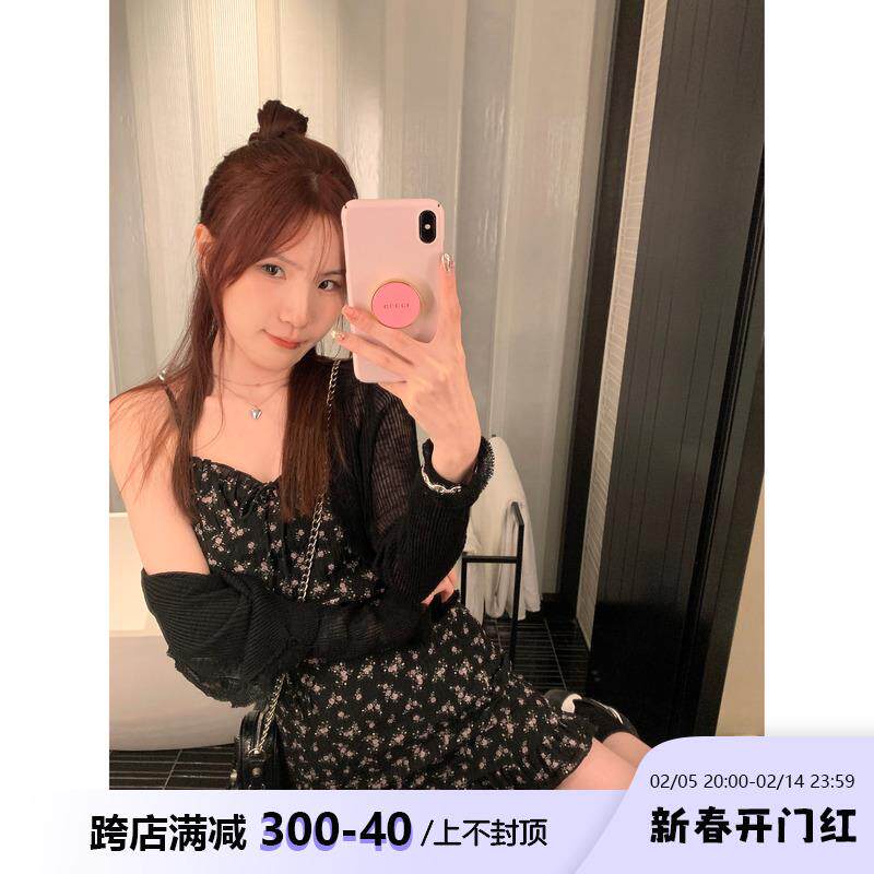 孔真烦呐 碎花裙连衣裙吊带裙子女装黑色白短裙夏季小个子纯欲风