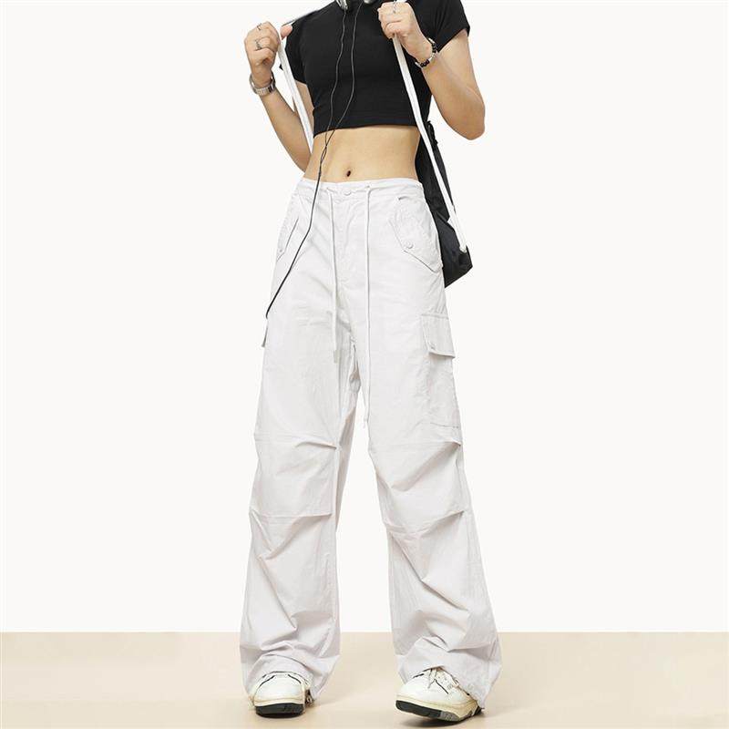 0123Start 美式白色工装裤男女宽松直筒嘻哈伞兵裤夏薄款降落伞裤