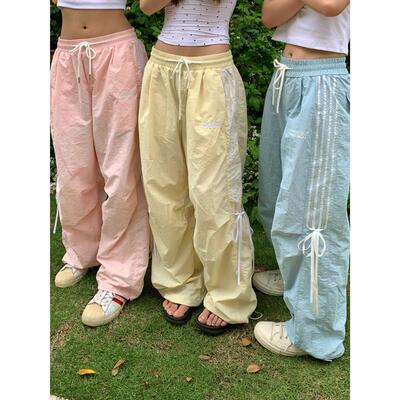 EAHO自制蝴蝶结彩色休闲裤女春夏美式多巴胺阔腿运动工装伞兵长裤