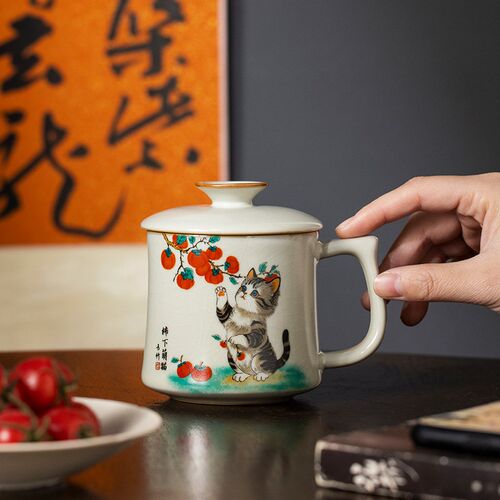 热销汝窑柿下萌猫陶瓷q茶杯个人专用办公室马克杯带盖定制水杯家