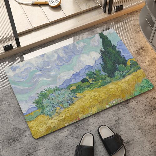 热销梵高星c月夜油画卫生间地垫浴室入户防滑垫吸水硅藻泥消失的