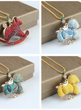 非遗仿宋锦双面小马吊坠项链新中式毛衣链马上有钱国风旗袍挂链